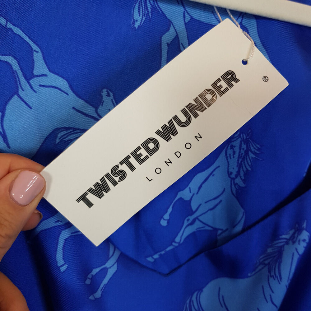 Twisted Wunder Christine Horse Print Mini Dress UK 22 Blue Satin Funky Plus BNWT - Picture 8 of 14